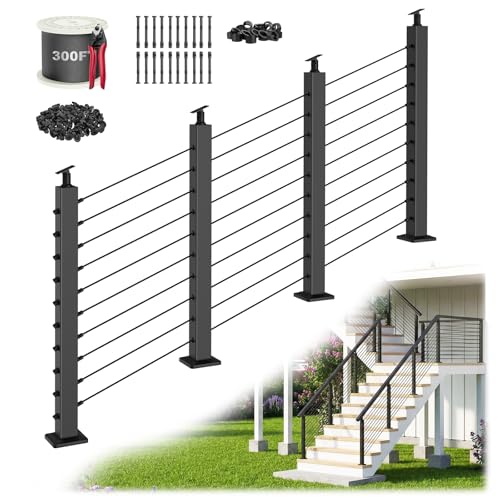 Image of 12-20FT Swageless Black Cable Railing Post Kit for Stairs, 36 inch Stainless Steel 25-35 Degrees Adjustable Top Swageless Stair Cable Railing Kit with 4 Posts & 300FT 1 /8 inch Cable for Easy DIY