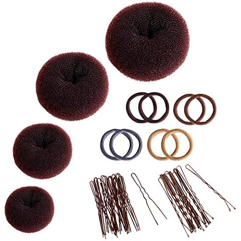 Donut Hair Bun Maker Set, Zingso 4 Pcs Women Girls Hair Accessories Ring Style Mesh Donut Hair Bun Shaper Maker Set with Hair Elastic Bands, Hair Pins for Dance Ballet Chignon (Brown) Cover
