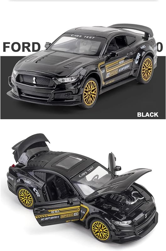 Image of PINQUE Kids New Car 1:32 Mastang Diecast Alloy Metal Pull Back Car with Openable Doors Music Sound and Light Vehicle Toy Car for Boys (Black)