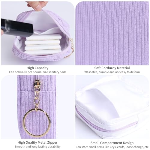 Image of Sanitary Napkin Storage Bag, Preppy Corduroy Period Bag for Women, Cute Portable Period Pouch with Zipper, Sanitary Pads Bag Tampons Holder for Purse, First Period for Women Ladies