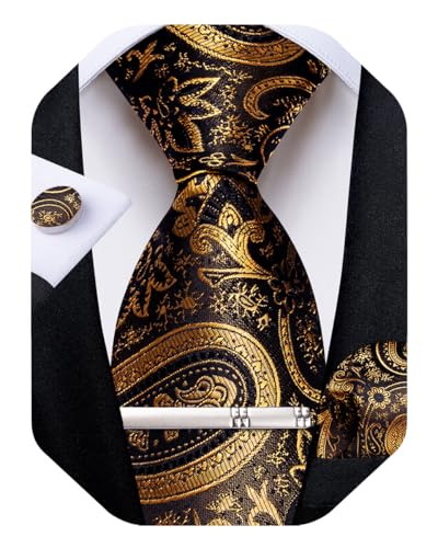 Image of DiBanGu Paisley Ties for Men Silk Necktie and Pocket Square Cufflinks Tie Clip Set Woven Classic Mens Tie for Wedding Party