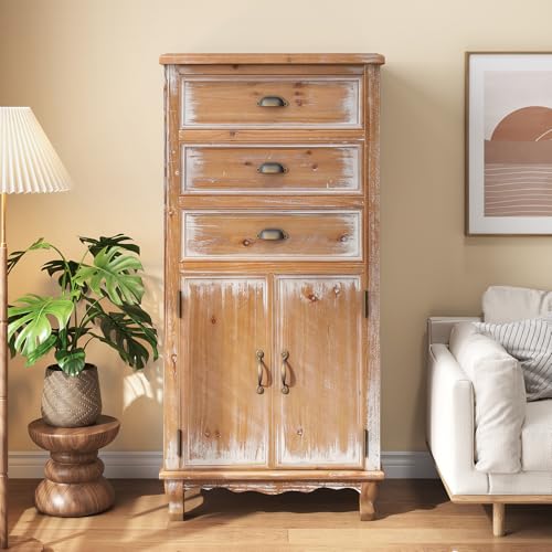 Image of Rustic Tall Storage Cabinet - Distressed Solid Wood Frame Accent Cabinet with Textured Drawer Fronts, 3 Drawers & 2 Doors, Farmhouse Freestanding Floor Cabinet for Entryway, Living Room, Hallway
