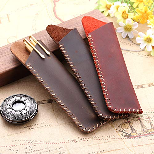 Image of Handmade Leather Double Pen Case Crazy Horse Leather Fountain Pen Pouch Protective Sleeve Cover