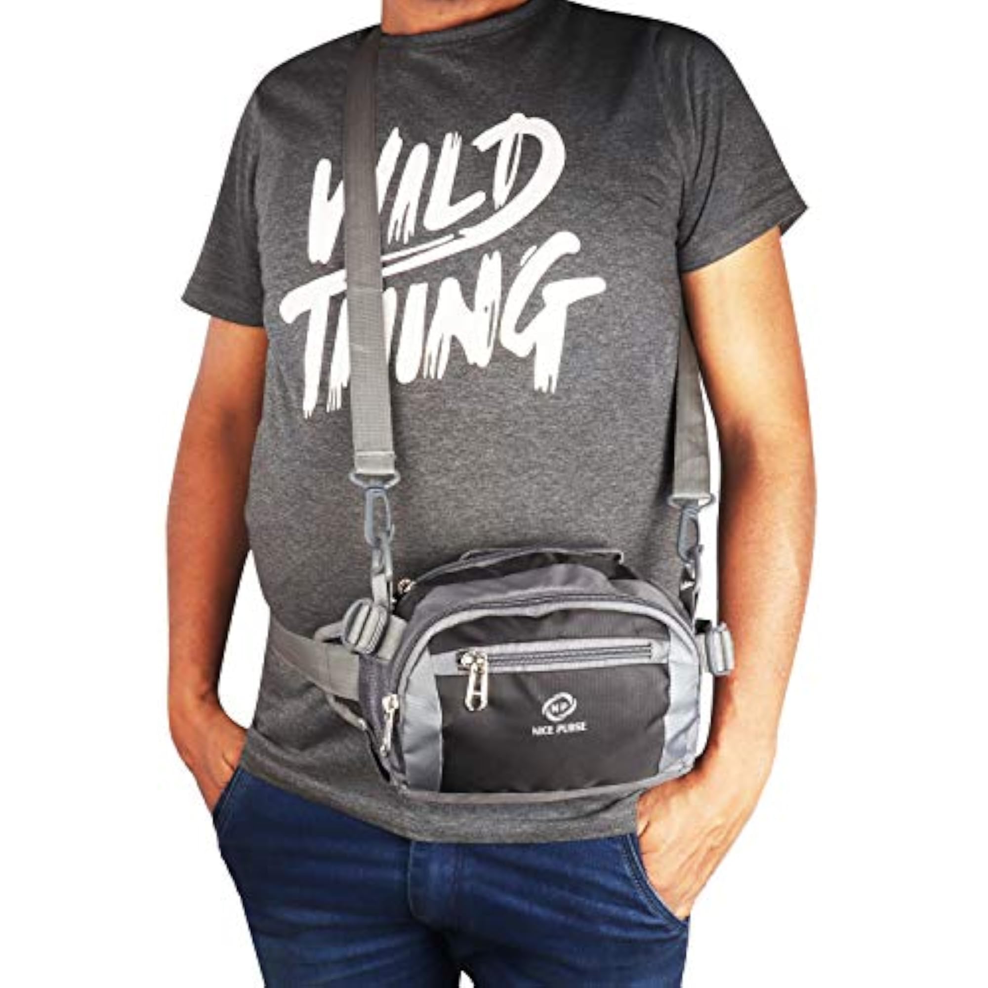 Men's Adjustable Strap Black/Grey Polyester Waist Bag