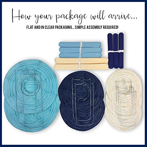 Just Artifacts Decorative Paper Party Pack (15pcs) Paper Lanterns and Pom Pom Balls - Ivory/Blues - Paper Lanterns and Décor for Birthday Parties, Baby Showers, Weddings and Life Celebrations!