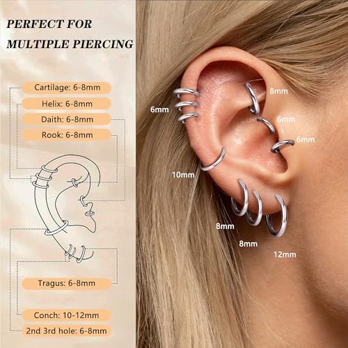 3 Pairs 925 Sterling Silver Hoop Earrings for Women Men Lightweight Small Helix Cartilage Hinged Hoop Earrings 18K White Gold Plated Huggie Hoop Earrings Set 6mm 8mm 10mm 12mm4