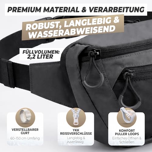 Bauchtasche Damen & Herren groß - Bauchtasche mit 3 Zonen & 7 Fächern - Große EDC City Hüfttasche & Outdoor Gürteltasche - Crossbody Bag… – Ansicht 6