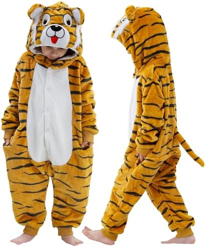MICHLEY Animal Hooded Romper Kids Flannel Halloween Cosplay Costume 3-12T for Autumn Winter, Tiger, 5-6T, Size110