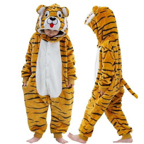 MICHLEY Animal Hooded Romper Kids Flannel Halloween Cosplay Pajamas Costume 3-12T for Autumn Winter, Tiger, 3-4T, Size100