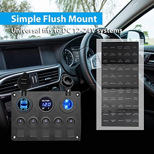 Switch Control Panel, 5 Gang ON-OFF Toggle Switch with 4.2A Double USB Socket, 12V Cigarette Lighter with LED Voltmeter fit for Marine Boat Van Truck Car.