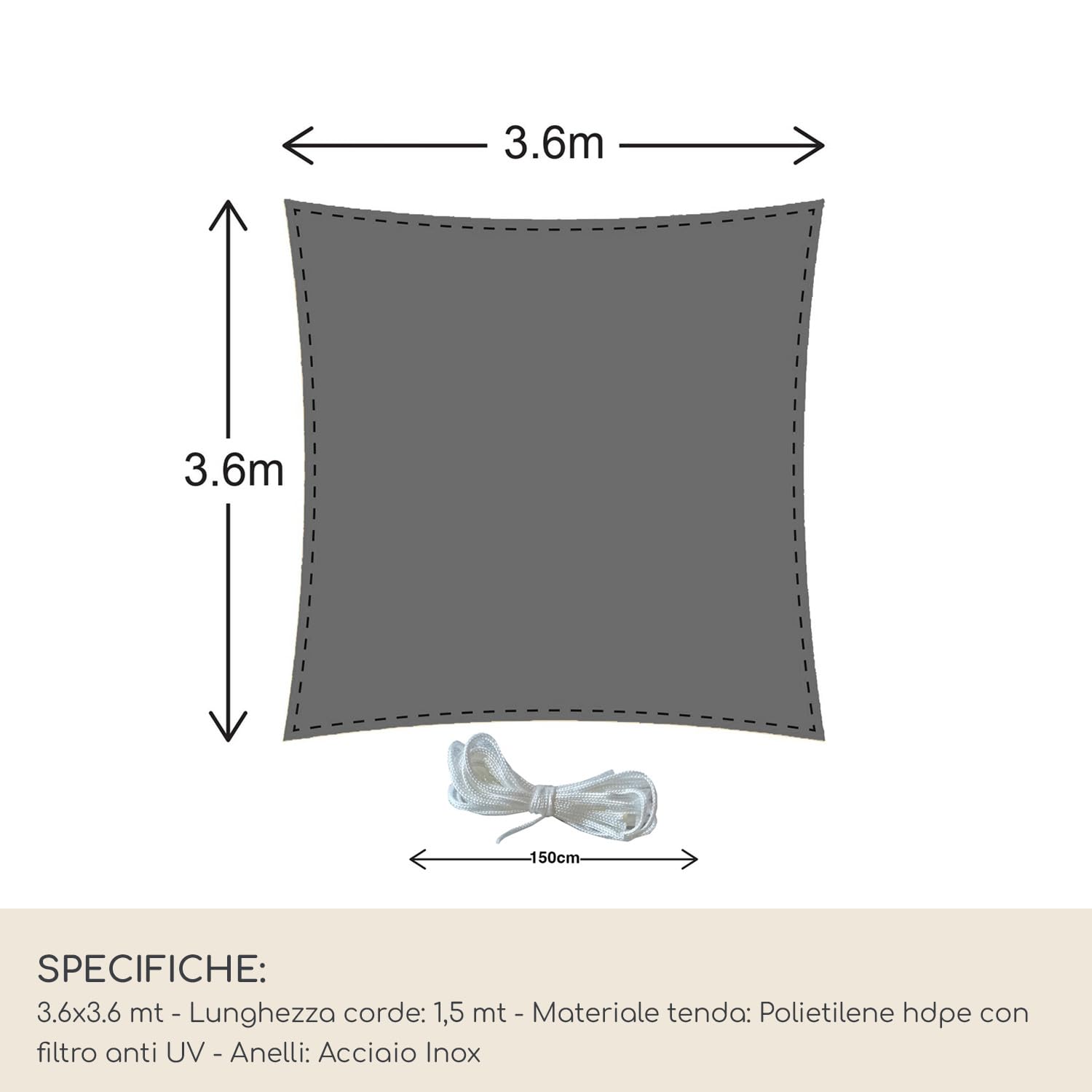 Rebecca Mobili Tenda Vela Quadrata, Vela Ombreggiante, Grigio Scuro, Polietilene Hdpe, Corde Incluse, Con Astuccio, Per Giardino Balcone - Misure: 3,6x3,6 mt - Art. RE6811