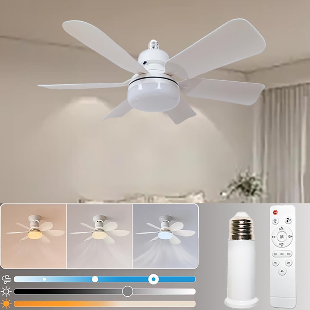 Socket Ceiling Fans with Lights and Remote - Socket Fan Light with Dimmable Led Light Bulb, 3 Colors 3000K-6500K, 1000 Lumens, Screw in Small Ceiling Fan for Bedroom Kitchen Living Room Closet garage