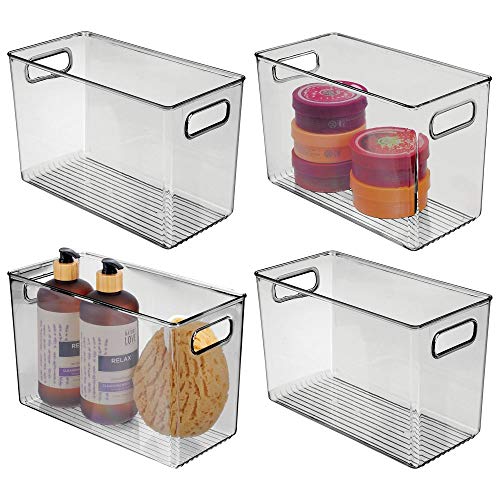 Preisvergleich Produktbild mDesign 4er-Set Ablagebox mit integrierten Griffen transparente Aufbewahrungsbox mit ansprechendem Design ideal zur Kosmetikaufbewahrung im Bad dunkelgrau
