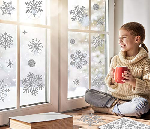 190 Pcs Christmas Window Clings Glitter Snowflake Window Decals For Glass Winter Xmas Navidad Decorations (Sliver) #TOP5