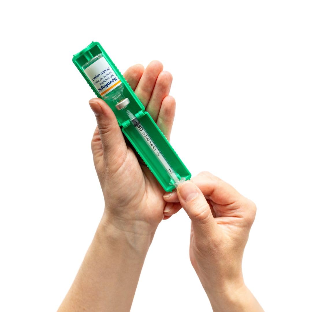 1ml U-100 disposable syringe T1me Vial Syringe Insulin Filling Support (BD Micro-Fine and other insulin syringe), Insulin transfer device for diabetes, Bottle Protector Case, Vial Holder (Green)