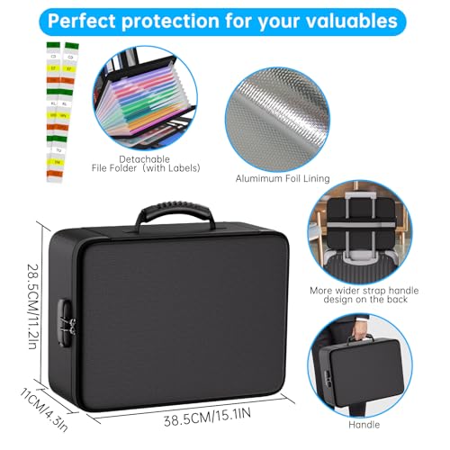 Tamfile 5200℉ Fireproof Document Box, 15''×11.2''×4.3'' Waterproof Document Bag with 13 Pockets Accordion Folder Document Organiser and Labels, Portable File Storage Box with Lock, Black - Image 5
