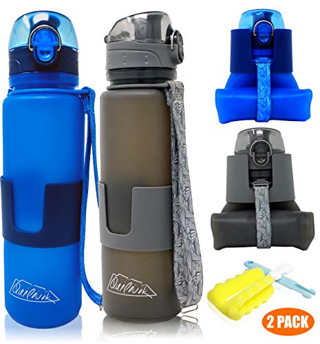QUILIVIK Collapsible Water Bottle/Travel Water Bottle (2Pack), 22 Ounce Silicon Water Bottle/Foldable Water