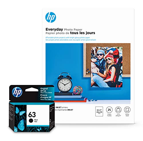 HP 63 Black Ink Everyday Photo Paper, Glossy 25 sheets 8.5x11