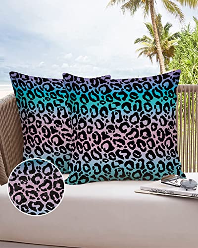 Waterproof Outdoor Throw Pillow Covers 18''X18'' Pack 2, Cheetah Blue Pink Teal Ombre Pillow Cases Cushion Cover With Hidden Zipper Leopard Fur Textured Colorful Gradient Pillowcase For Poolside Sofa #TOP5