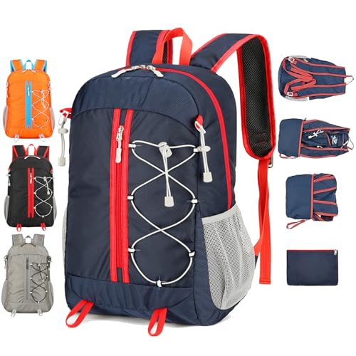 Mochila Senderismo, 35LImpermeable Mochila Montaña, Ultraligera Mochila Plegable, Mochila Campamento Con Tiras Reflectantes, Hombre Mochila Viaje Mujer para Varias Actividades Aire Libre (Azul Oscuro)