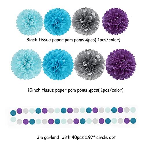 Image of Purple-Blue Silver Frozen Christmas Party-Decorations - 30pcs Tissue Pom Poms Streamers,Winter Girl Birthday New Year Tassel Garland Banner,Wonderland Mermaid Baby Shower Wedding Supplies Decor Bunting Lasting Surprise