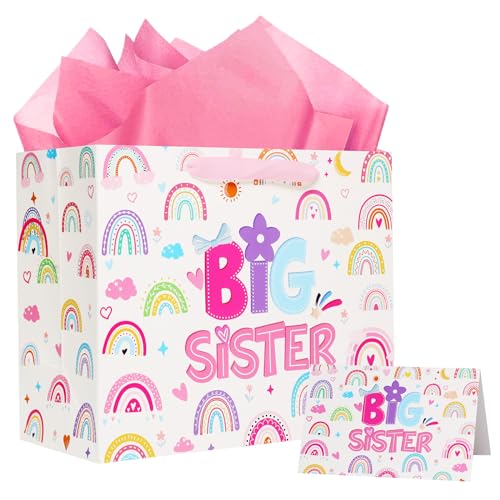 Big Sister Gifts Bear Plush - Cute "I'm the Big Sister" Plush Bear with Big Bow Heart Glasses Rainbow Embroidery Toy Sister Gift for Girl Sibling Kid’s Birthday Baby Shower Bear Gift for Toddler 10in