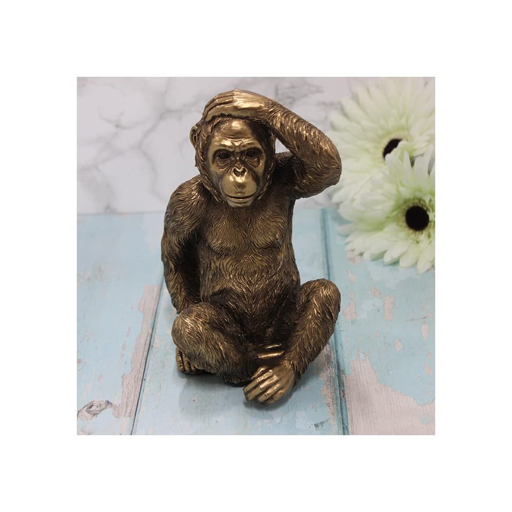 Leonardo Bronze Reflections Sitting Gorilla With Hand On His Head, Lovely Gorilla Or Wildlife Lover Ornament Figurine Gift, In Quality Gold Gift Box.