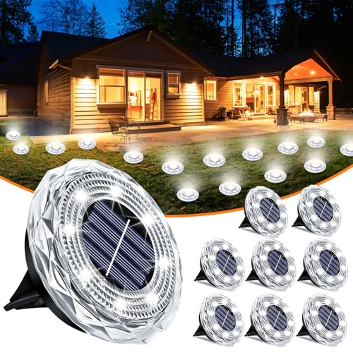 Solar Ground Lights 8 Pack Waterproof Outdoor Solar Lights for Yard Led Solar Garden Lights Bright Solar Powered Disc Light In-Ground Landscape Lighting for Patio Pathway Walkway Driveway, White