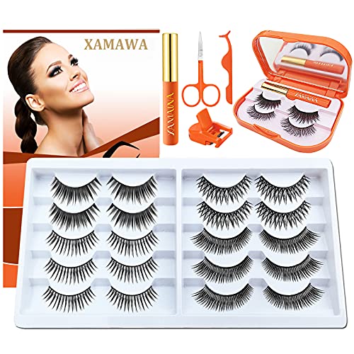 12 Pair Magnetic Eyelash Kit, 10-Pair Reusable Natural Lashes, 2 Pair Fluffy False Eyelashes,2 Tubes Magnetic Eyeliner with Scissors Tweezers Eyelash Curler & Mirror Case,3D 5D Fake Lashes