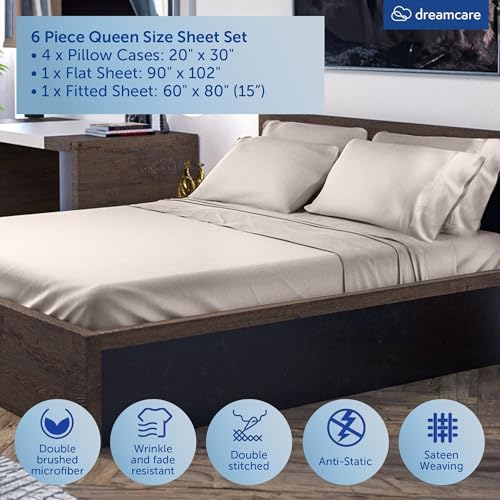 Image of DREAMCARE Queen Sheets - 6 pcs Breathable Cooling Sheets Queen - up to 15 inch | Deep Pocket Queen Sheets Set with Side Pockets - Extra Soft - Queen Sheet Set - Hotel Luxury Queen Bed Sheets - Beige