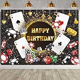 Casino Birthday Backdrop Las Vegas Casino Night Party Background for Casino Theme Poker Dice Gold Glitter Happy Birthday Party Decorations Banner ((7X5FT(82x59inch)))