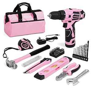 WORKPRO 12V Pink Cordless Drill Driver and Home Tool Kit, Hand Tool Set for DIY, Home Maintenance, 14-inch Storage Bag Included – Pink Ribbon