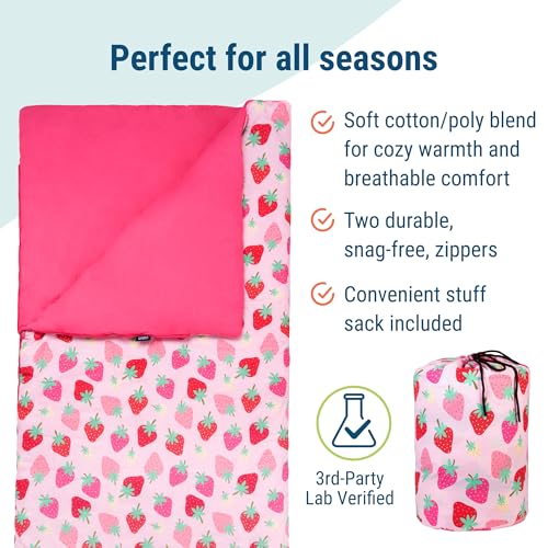 Image of Wildkin Kids Sleeping Bag - Roll-Up Design with Storage Bag for School, Travel & Camping - Strawberry