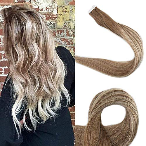 Promotion Full Shine 20" Remy Tape In Real Human Hair Extensions 2.5Grams/Pcs 50Grams Per Pack Color 4 Fading To 27 and 14 Highlighted With Color 4 Balayage Ombre Tape Extensions