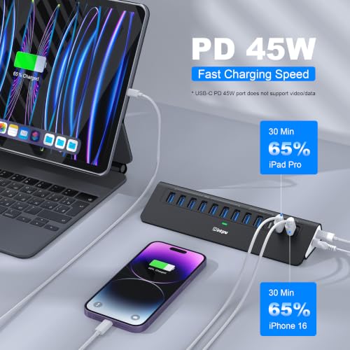 Image of Powered USB Hub 10Gbps, intpw YH9AC 12-Port USB C Hub with 10Gbps USB C 3.2, 2 USB A 3.2, 7 USB 3.0, 2 PD 45W Charging Port, 65W Power Adapter + 3.3FT Cable, Aluminum USB Hub for Laptop /iPhone16 /15 /PC