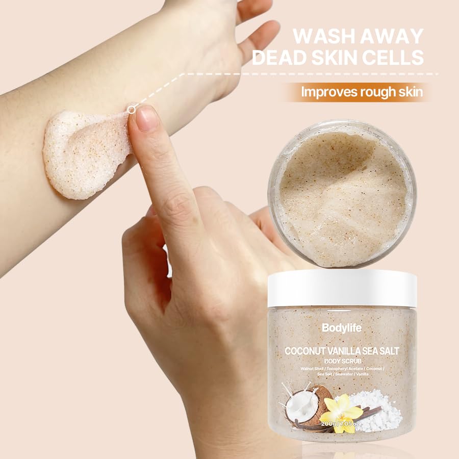 Coconut Vanilla Sea Salt Body Scrub Exfoliating Body Scrub for Body Moisturizing Body Polish Dead Skin Remover Hydrating Shower Bath Body Exfoliator Smooth Soft Skin 10.58 oz