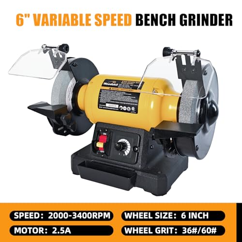 Image of Woodskil 6 Inch Variable Speed Bench Grinder, 2000-3400 RPM Adjustable Speed, 2.5A Motor, Dual Grinding Wheels 36 & 60 Grit, Adjustable Tool Rest, Eye Shield for Sharpening Knives, Tools, Metal