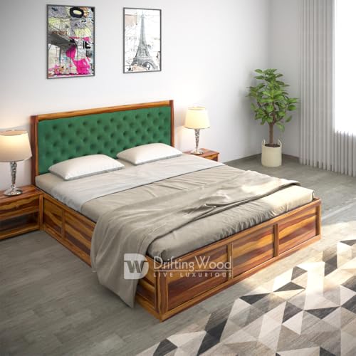 Image of DRIFTINGWOOD Dolvi Solid Sheesham Wood Queen Size Bed with Storage | Wooden Double Bed Cot Bed with Box Storage & Upholstered Green Cushioned Headboard for Bedroom | Rosewood, Honey Finish