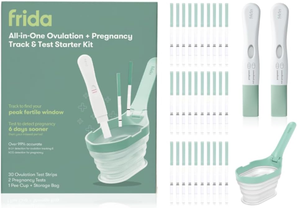 Frida Fertility Ovulation and Pregnancy Test Kit | Easy At Home Ovulation Strips and Pregnancy Tests with Tracking and Prediction Log | 30 Ovulation Tests, 2 Pregnancy Tests, Tracker + No Mess Pee Cup