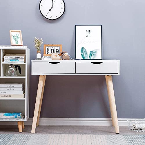 Image of Shoppee Engineered Wood Desk with 2 Drawers for, Computer Desk with Storage Shelves, Makeup Vanity Desk, Modern Writing Study Table Home Office Desks for Bedroom (Full White)