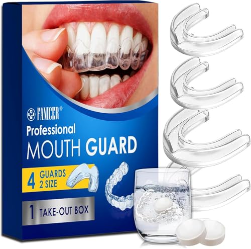 Pack de 4 Férulas de Descarga para Bruxismo Nocturno + 12 Pastillas Limpiadoras - Protector Bucal Anti-Bruxismo en 2 Tamaños, Reduce Ronquidos, Férula Dental Transparente para Dormir- Unisex Adultos