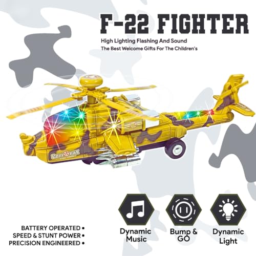 Image of Big Size Helicopter Toy Set for Kids 360 Degree Army Model Plane with Sound & 3D Flashing Colorful Light Toys for Boys and Girls Aircraft Bump & Go Action Model Playset Figurine Airplane