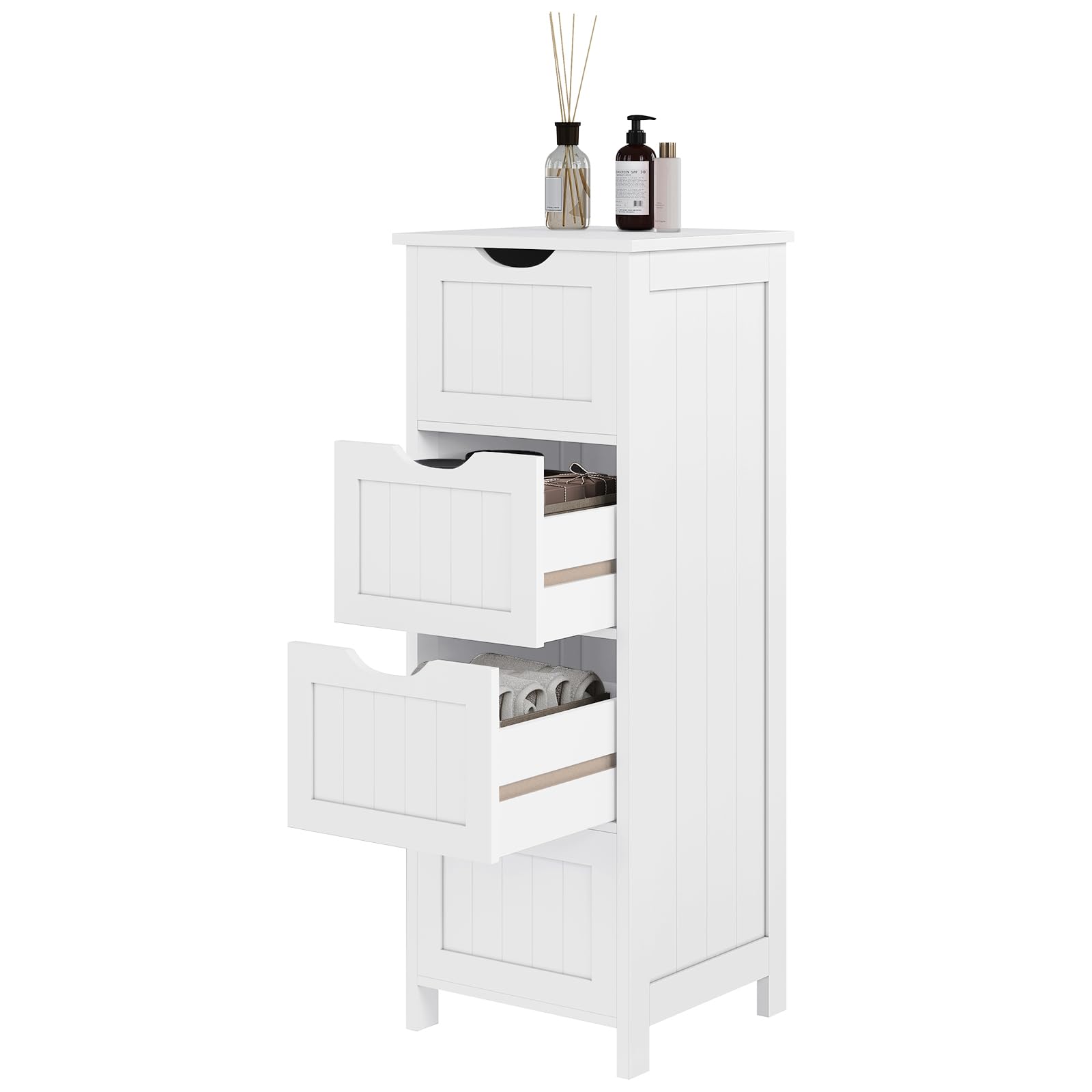 eSituro Armario de Suelo para Baño Auxiliar Pequeño Mueble Organizador de Cajones Laterales con 4 Cestas MDF Blanco 28 x 29 x 82 cm