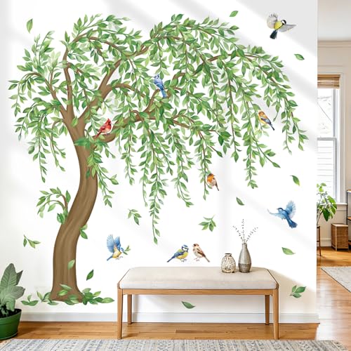 decalmile Stickers Muraux Arbres Geant Autocollant Mural Feuilles Verts Plantes Oiseaux sur Branche Décoration Murale Chambre Salon Mur TV