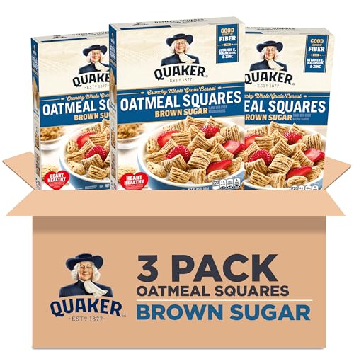 Quaker Oatmeal Squares Breakfast Cereal, Brown Sugar, 14.5oz Boxes (3 Pack)