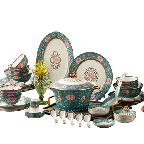DYHWAC Vajilla de Color esmaltado, cerámica, vajilla de Porcelana China con Bordes Dorados, Cuencos, Palillos, Juego de Platos