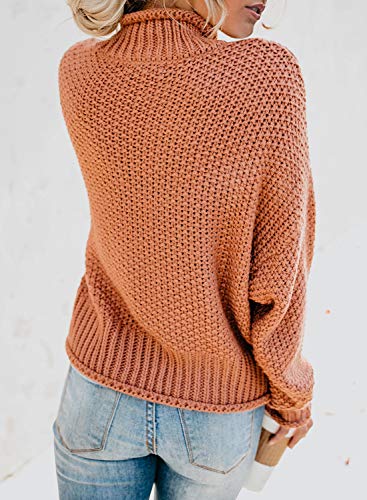 Dokotoo Womens High Neck Sweaters Batwing Long Sleeve Solid Autumn Basic Casual Loose Oversized Chunky Knit Pullovers Sweaters Jumper Blouses Orange Medium