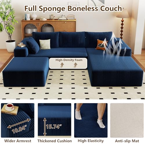 Image of 96 inch U-Shape Cloud Couch, Modern Modular Sectional L-Shape Sofa with Ottoman, Corduroy Upholstered Couches Deep Seat Sleeper Chaise Longue for Living Room, No Assembly Required(Blue, Right Facing)