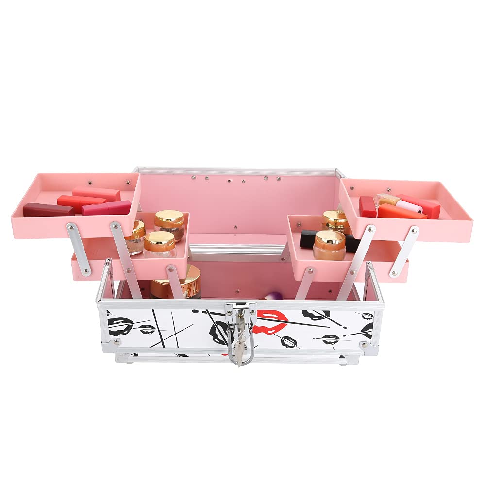 Jiawu Scatola Porta Cosmetici Portatile con Manico, Custodia Organizer per Trucco Donna di Grande capacità - Pelle PU e Alluminio, Custodia Multilivello per Gioielli, Resistente Alla Ruggine, 3