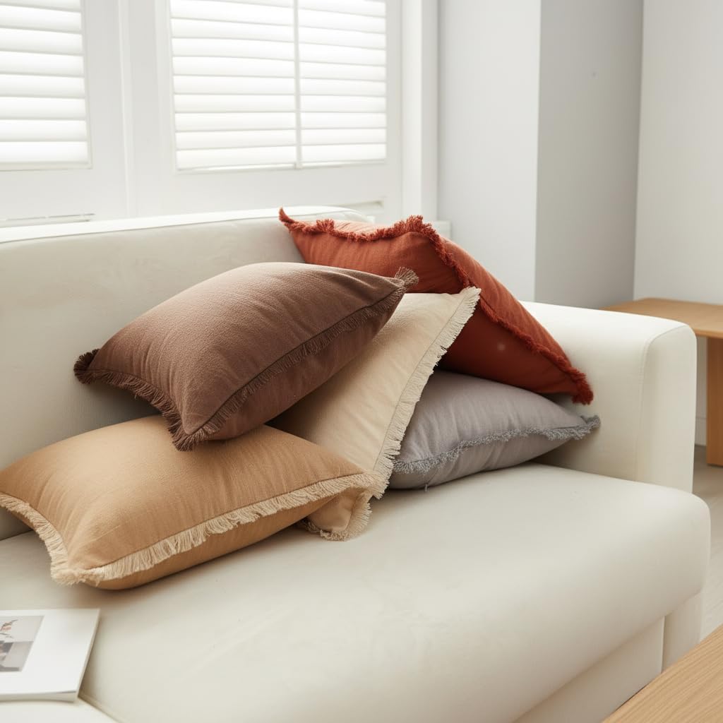 Sunday Praise Set of 2 Linen Fringe Decorative Pillow Covers 20x20 Inch Farmhouse Accent Boho Throw Pillow Cases with Tassels Cozy Soft Square Cushion Covers for Couch Sofa Bed Home Decor,Cocoa Brown